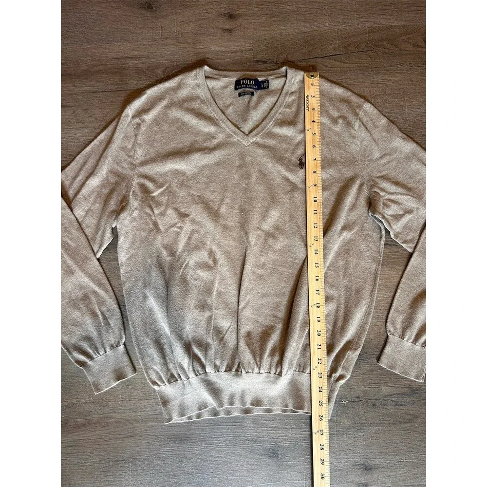 Polo Ralph Lauren Sweater Mens Pima Cotton L Beige V-Neck Pullover Pony Logo